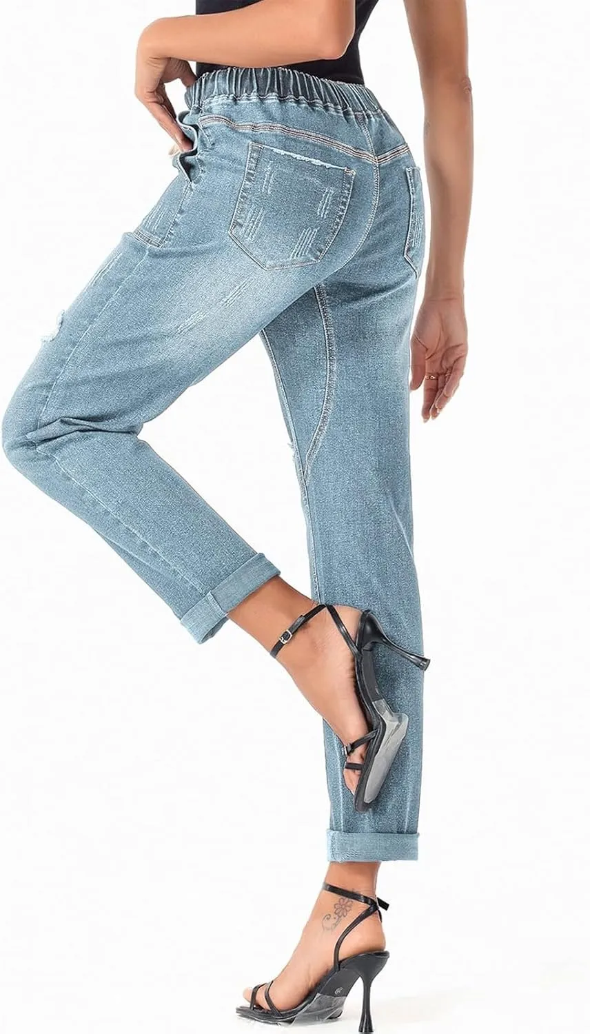 Ripped Jeans Womens High Waisted Boyfriend Cargo Jeans Stretch Straight Leg Distressed Cropped Denim Pants w/Pockets