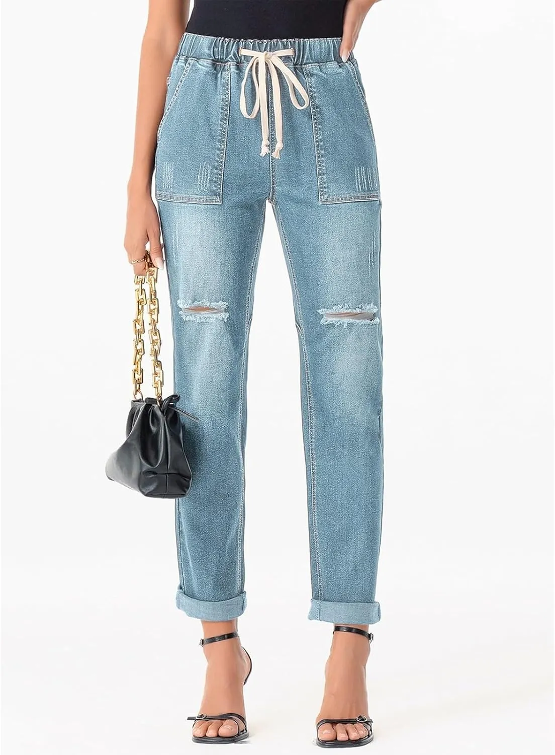 Ripped Jeans Womens High Waisted Boyfriend Cargo Jeans Stretch Straight Leg Distressed Cropped Denim Pants w/Pockets
