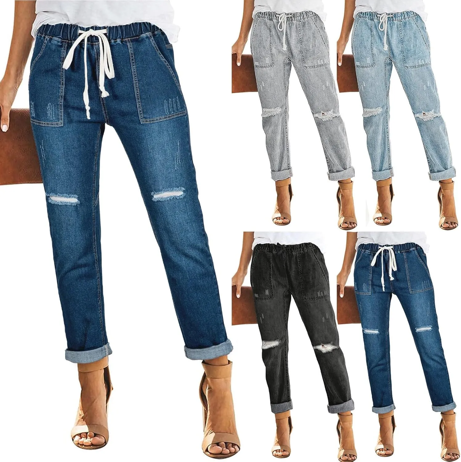 Ripped Jeans Womens High Waisted Boyfriend Cargo Jeans Stretch Straight Leg Distressed Cropped Denim Pants w/Pockets