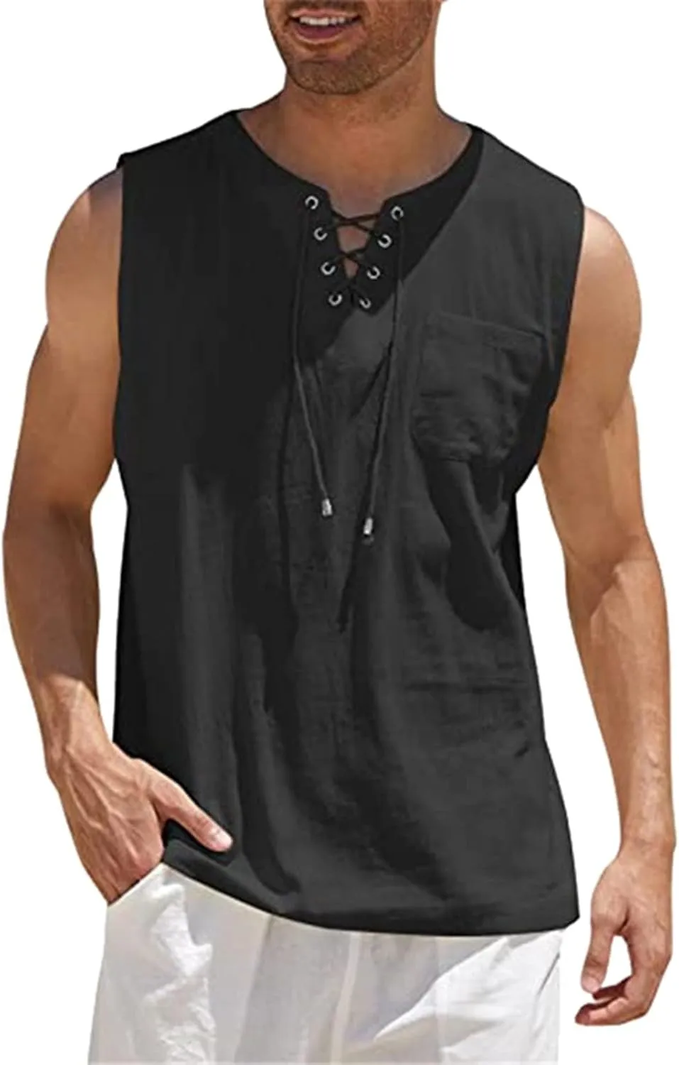 Sleeveless Shirts for Men Linen Gym Workout Summer Casual Tee Tank Top Cut Off Sim Fit Muscle Bodybuilding Shirt