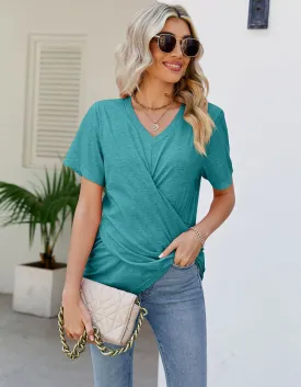 Solid-color V Neck Pleated Loose Short Sleeve T-shirt
