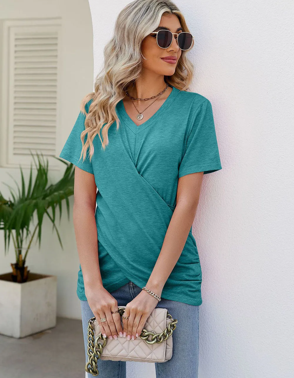 Solid-color V Neck Pleated Loose Short Sleeve T-shirt