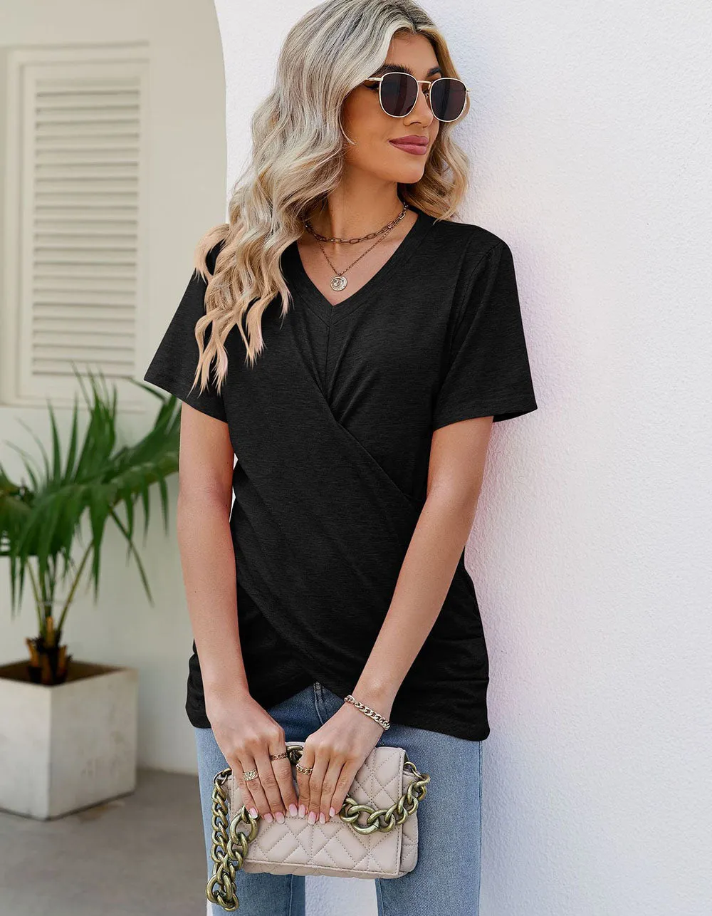 Solid-color V Neck Pleated Loose Short Sleeve T-shirt