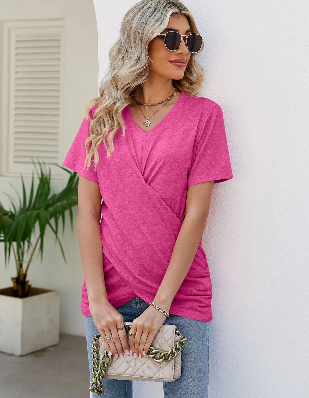 Solid-color V Neck Pleated Loose Short Sleeve T-shirt