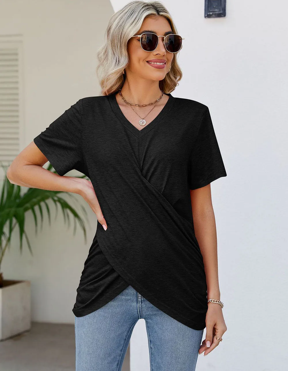 Solid-color V Neck Pleated Loose Short Sleeve T-shirt