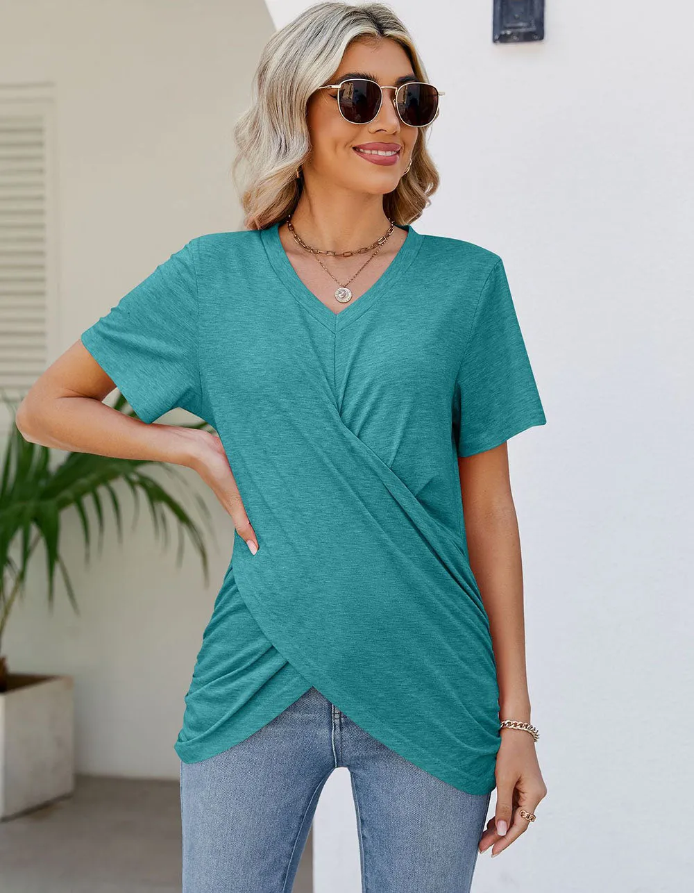 Solid-color V Neck Pleated Loose Short Sleeve T-shirt