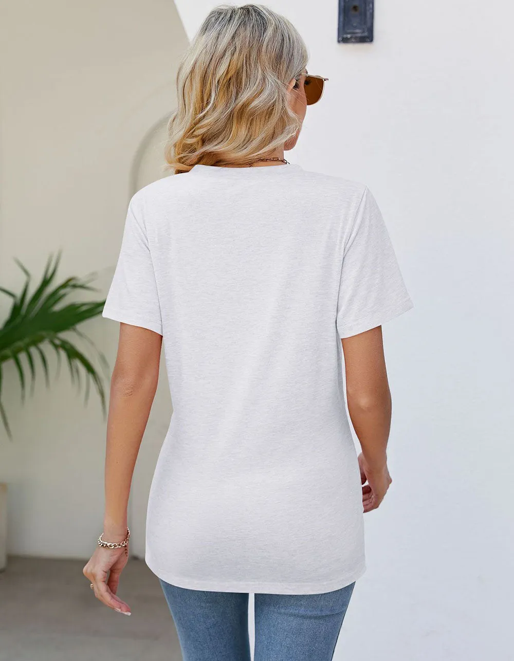Solid-color V Neck Pleated Loose Short Sleeve T-shirt