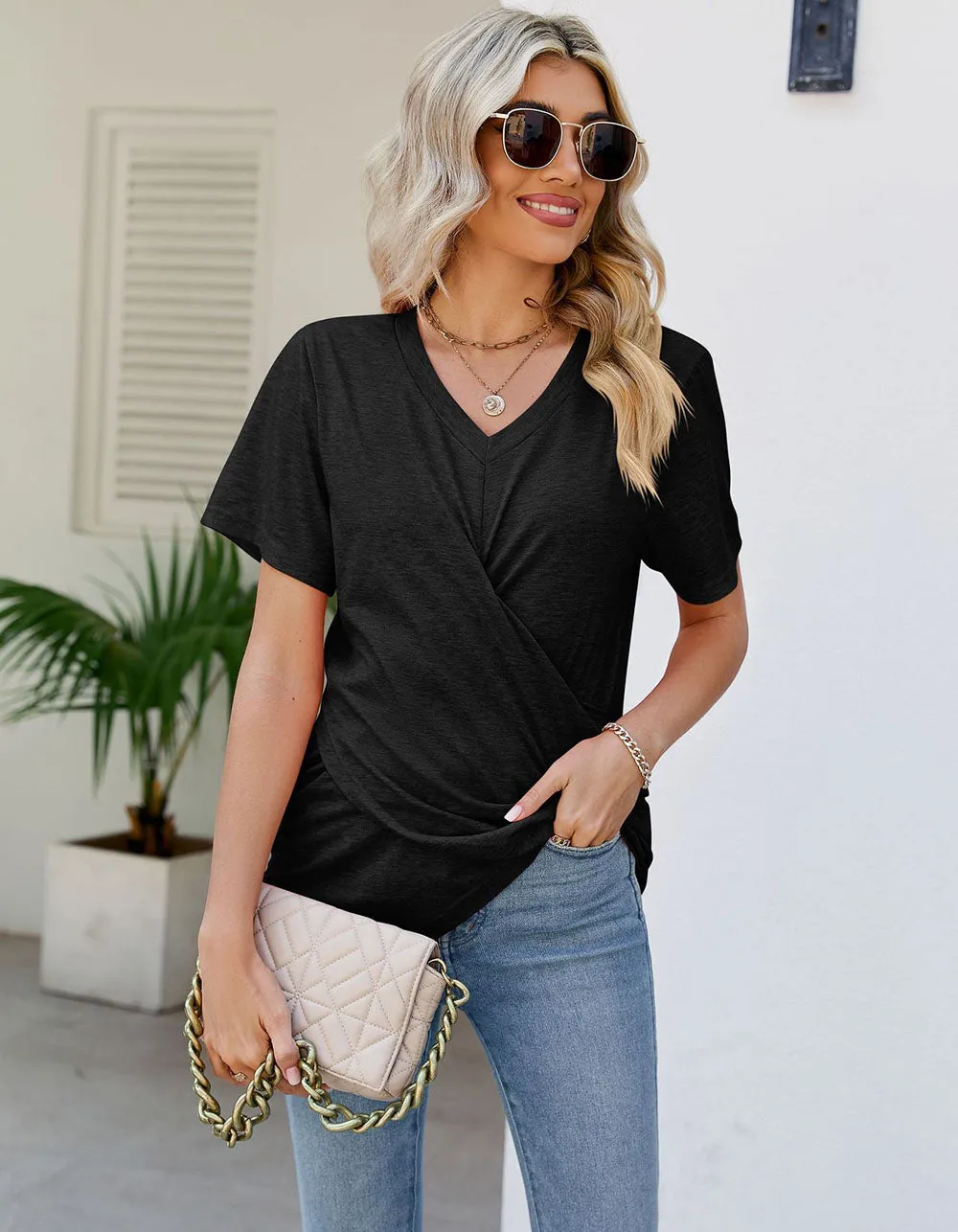 Solid-color V Neck Pleated Loose Short Sleeve T-shirt