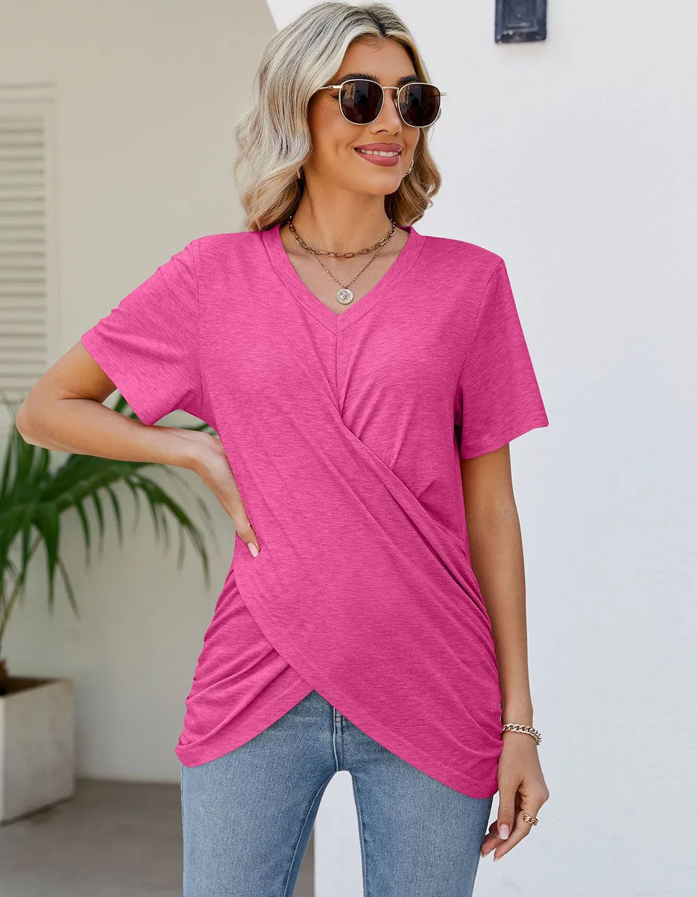 Solid-color V Neck Pleated Loose Short Sleeve T-shirt