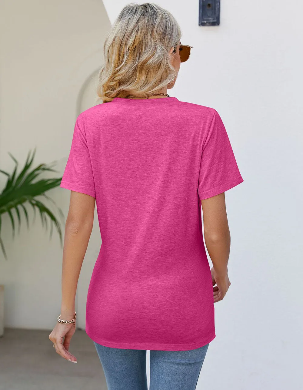 Solid-color V Neck Pleated Loose Short Sleeve T-shirt