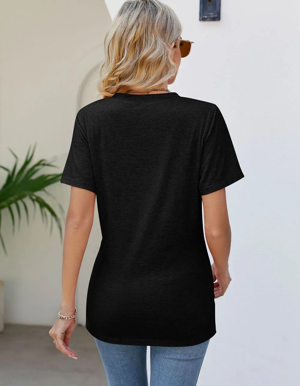 Solid-color V Neck Pleated Loose Short Sleeve T-shirt