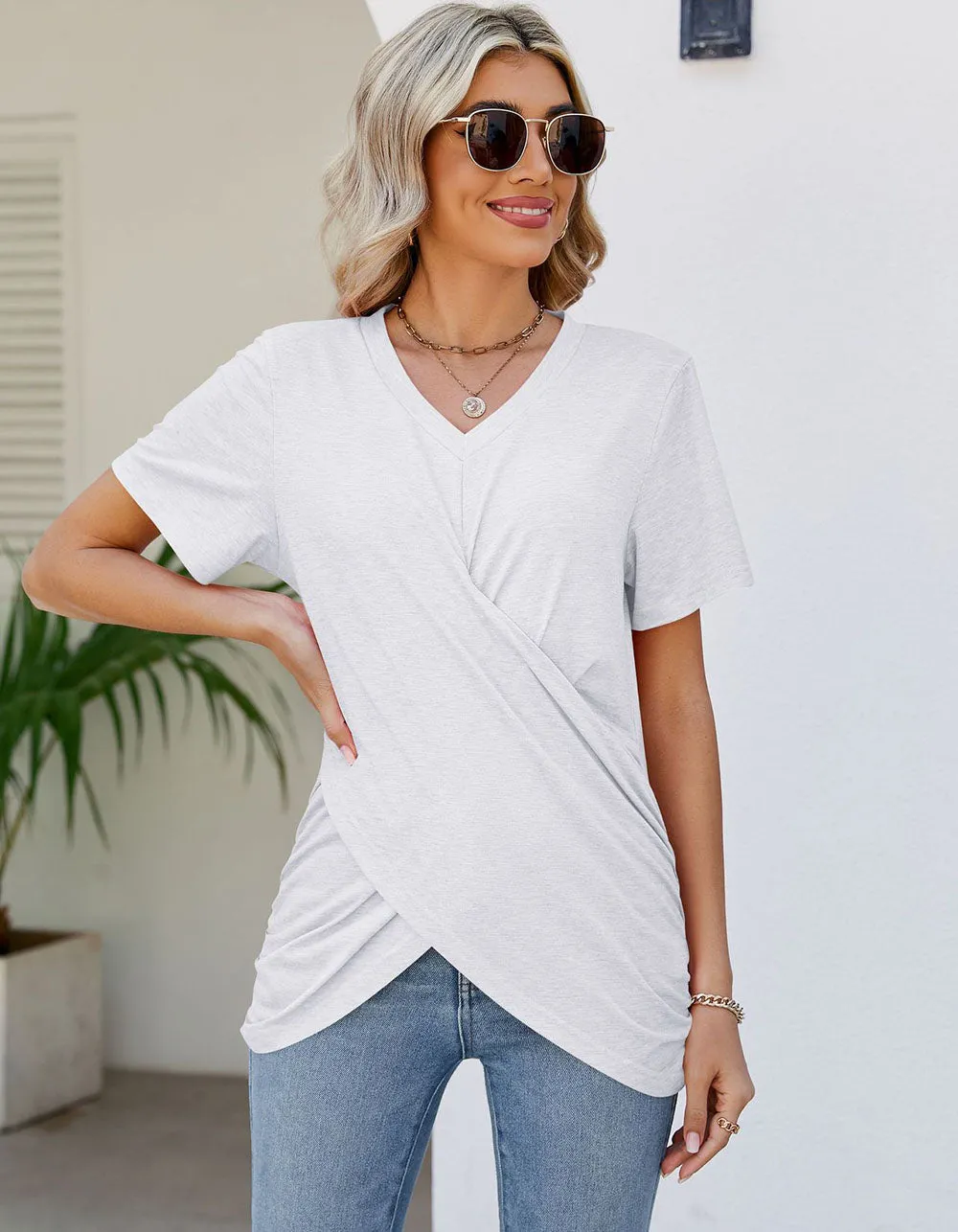 Solid-color V Neck Pleated Loose Short Sleeve T-shirt