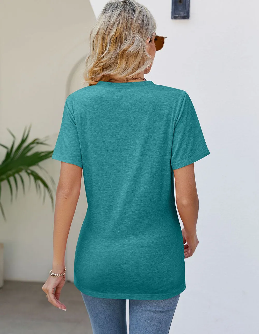 Solid-color V Neck Pleated Loose Short Sleeve T-shirt