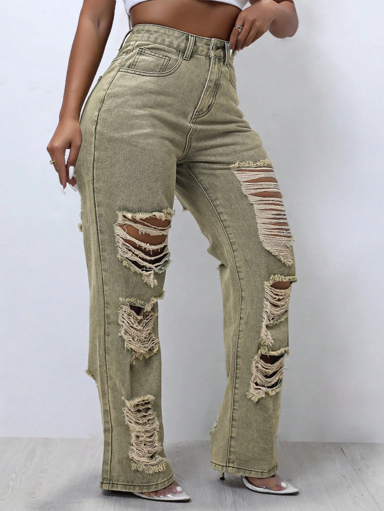 Solid Ripped Straight Leg Jeans