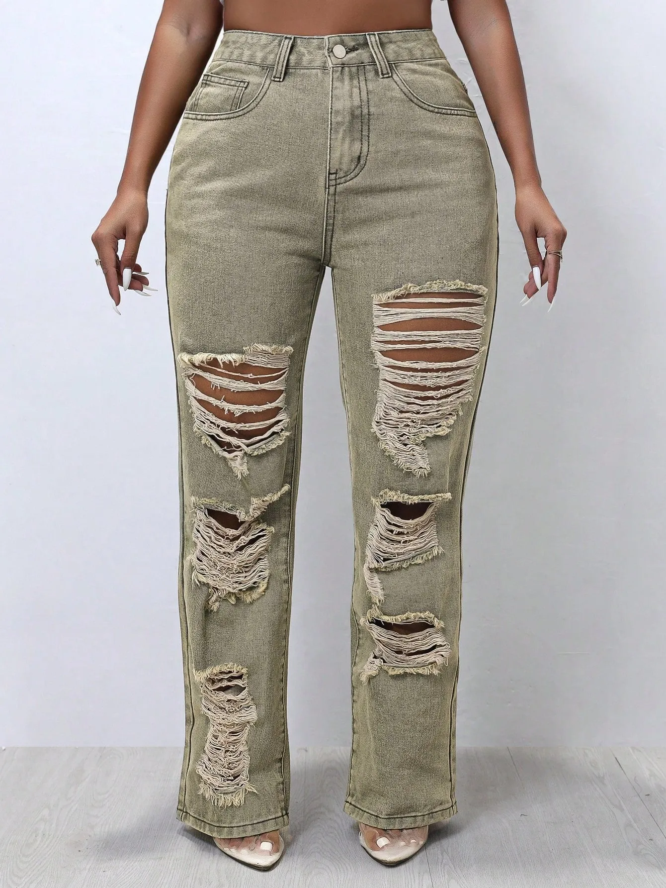 Solid Ripped Straight Leg Jeans