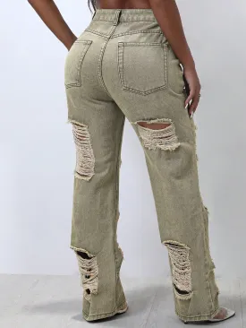 Solid Ripped Straight Leg Jeans