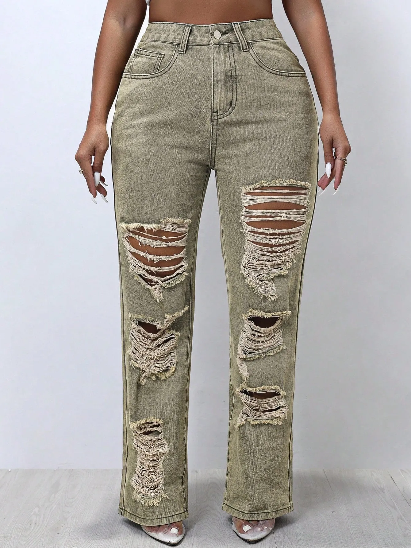 Solid Ripped Straight Leg Jeans