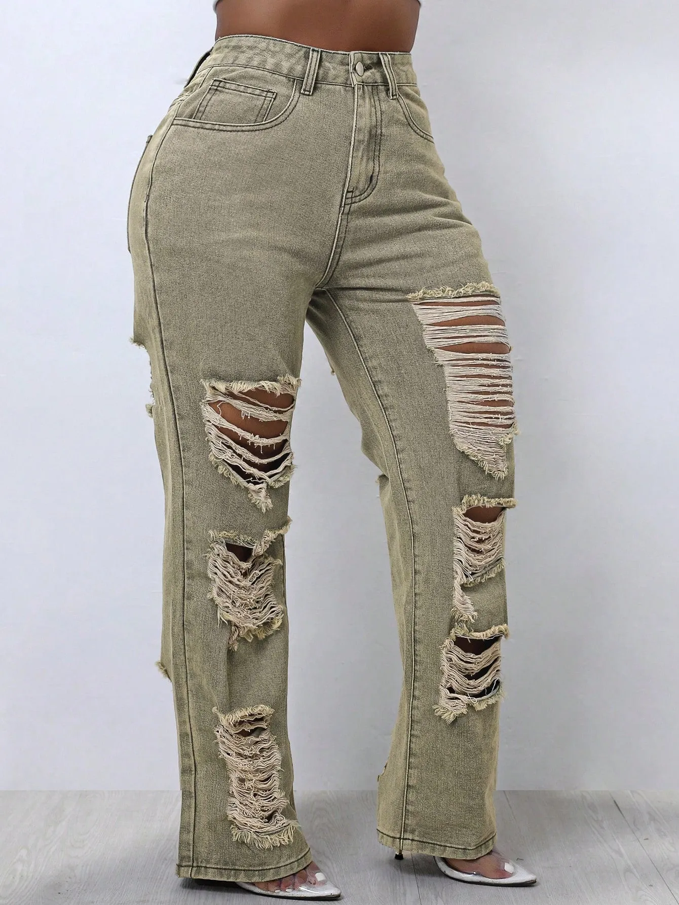 Solid Ripped Straight Leg Jeans