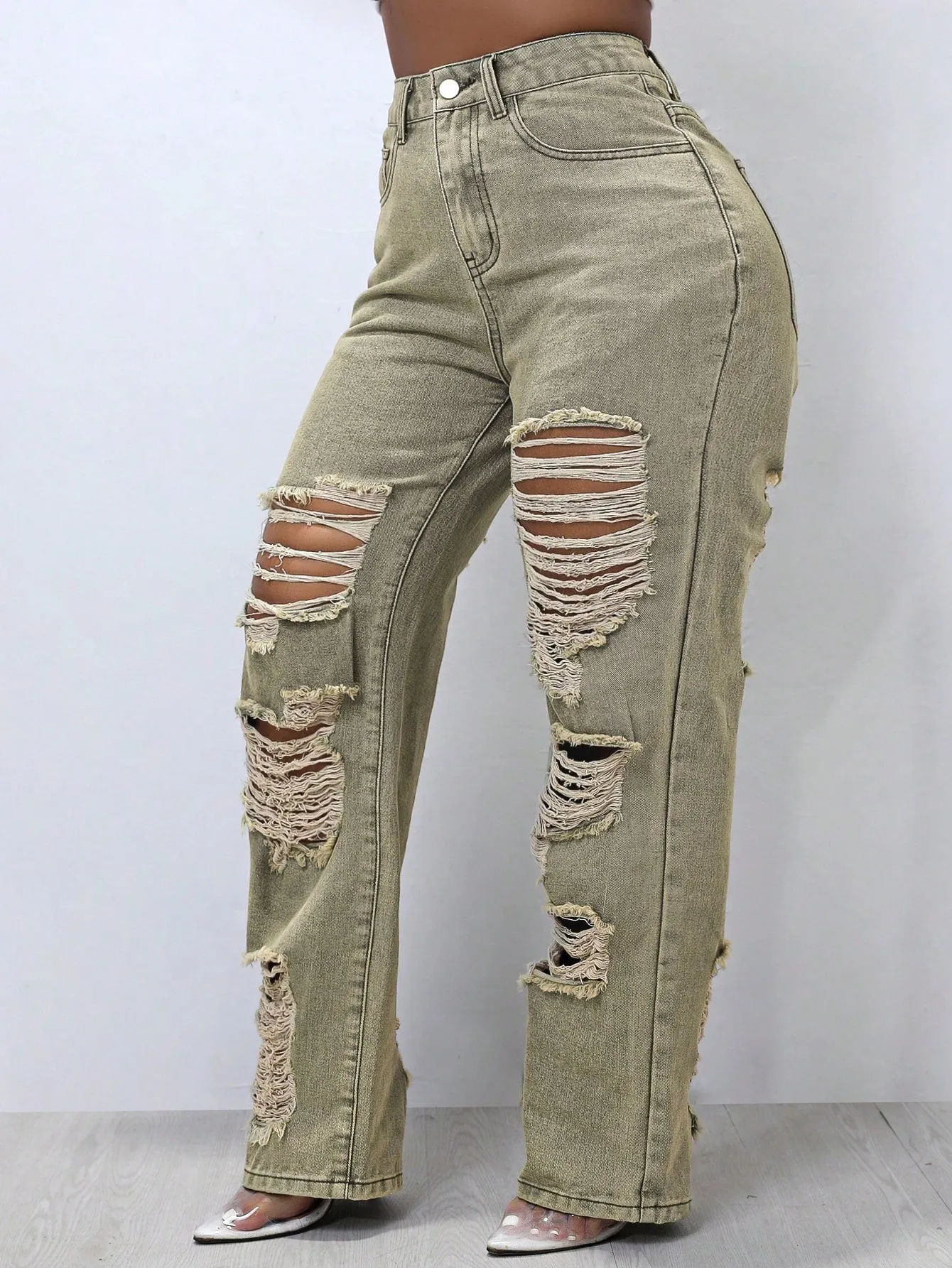 Solid Ripped Straight Leg Jeans