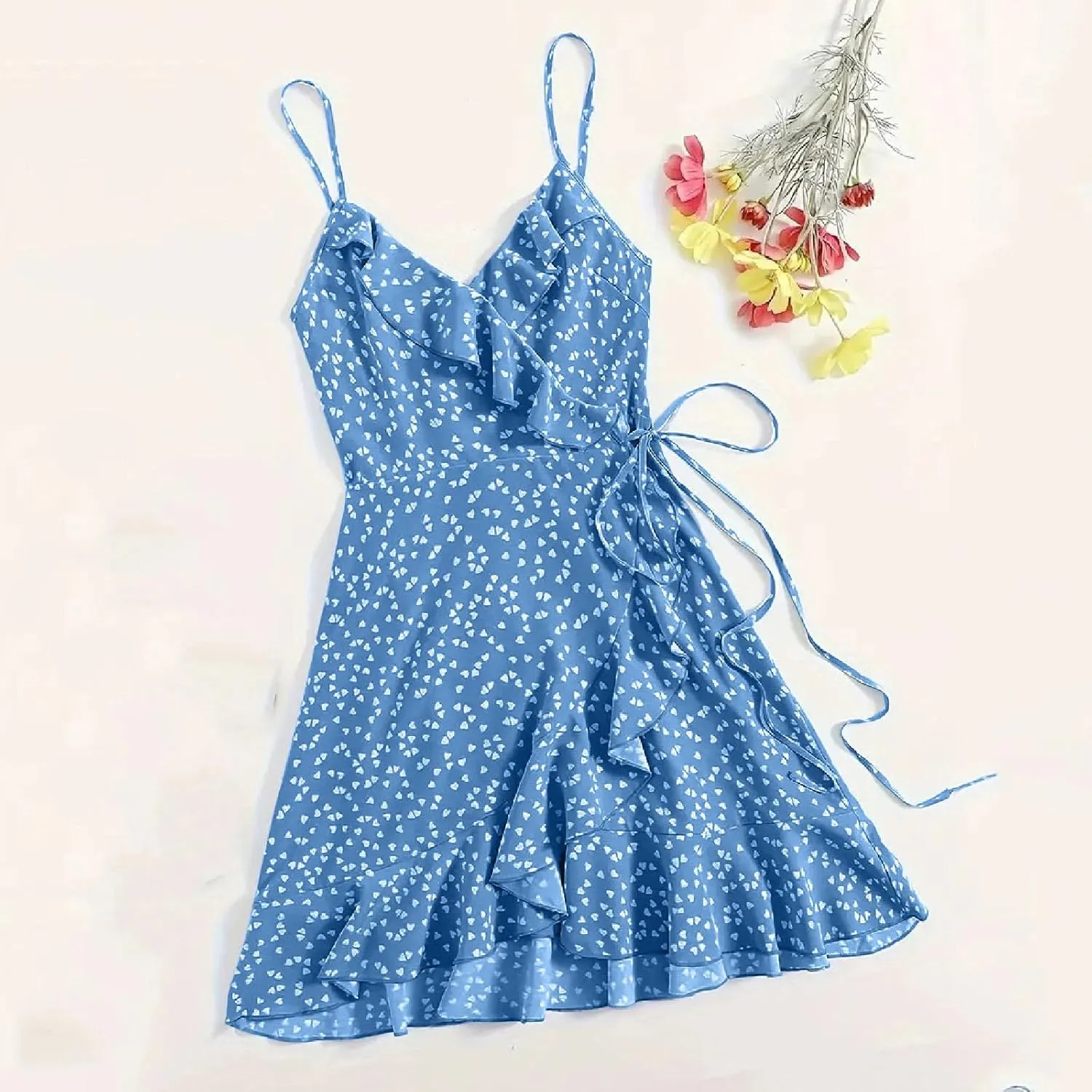 Spaghetti Strap Floral Mini Dress Women's Casual Wrap V-Neck Tie Side Ruffle Boho Dress Summer Beach Sundress