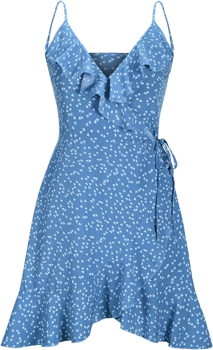 Spaghetti Strap Floral Mini Dress Women's Casual Wrap V-Neck Tie Side Ruffle Boho Dress Summer Beach Sundress