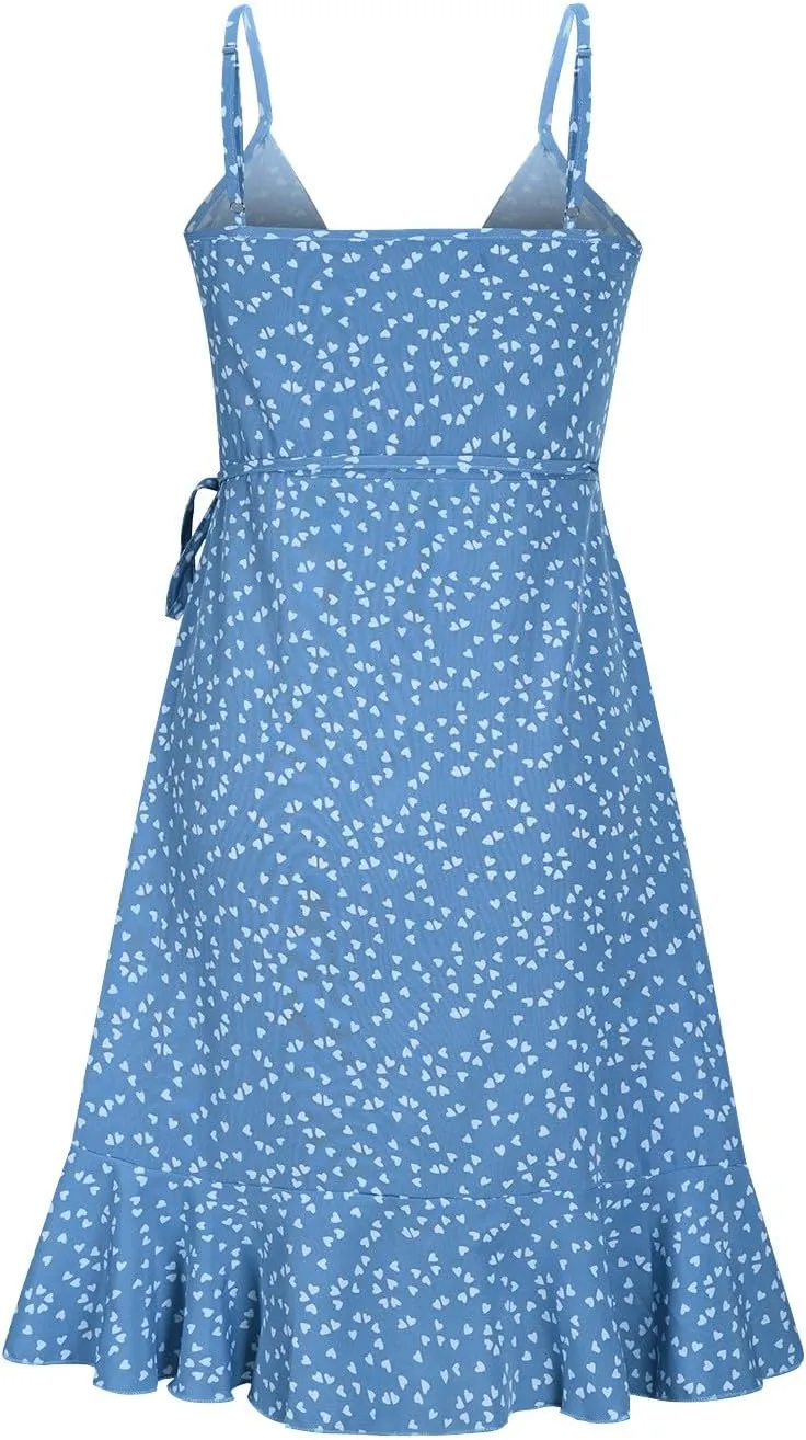 Spaghetti Strap Floral Mini Dress Women's Casual Wrap V-Neck Tie Side Ruffle Boho Dress Summer Beach Sundress