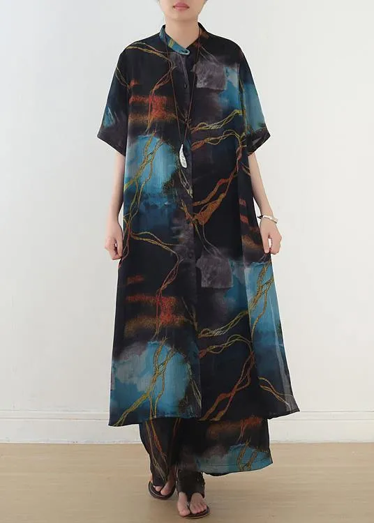 Spring And Summer Blue Print Shirt Top Loose Wide Leg Pants Two Piece Suit