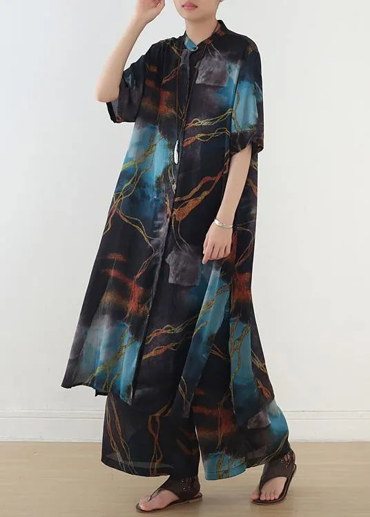 Spring And Summer Blue Print Shirt Top Loose Wide Leg Pants Two Piece Suit
