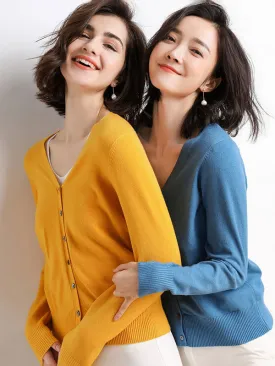 Stylish Simple 12 Colors V-Neck Single-Breasted Long Sleeve Knitwear