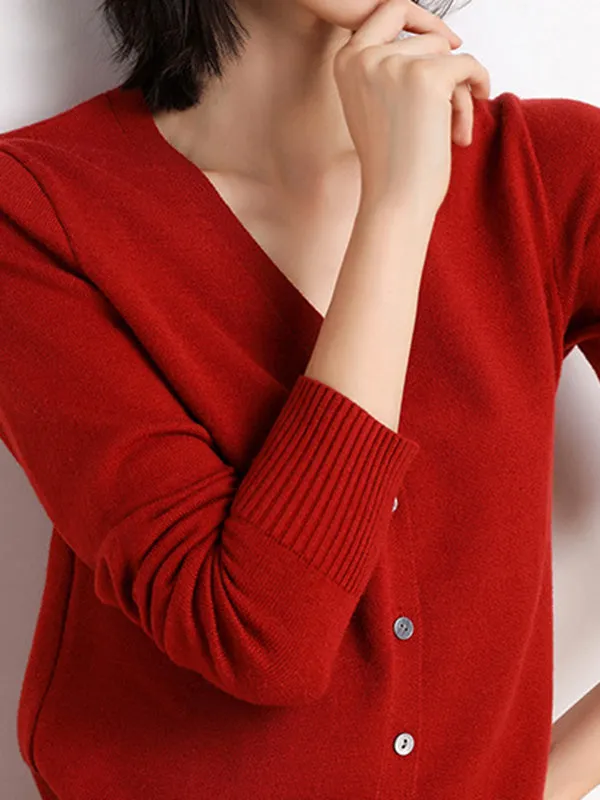 Stylish Simple 12 Colors V-Neck Single-Breasted Long Sleeve Knitwear