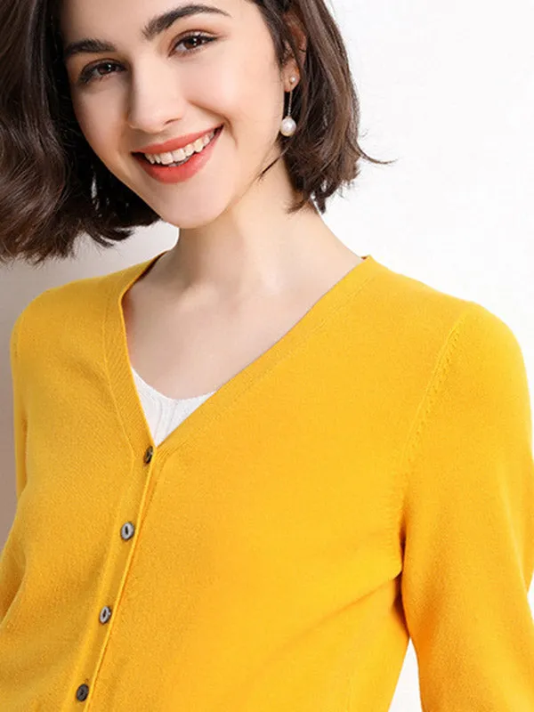 Stylish Simple 12 Colors V-Neck Single-Breasted Long Sleeve Knitwear