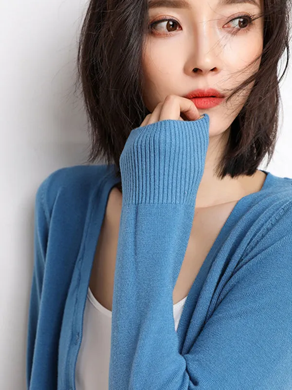 Stylish Simple 12 Colors V-Neck Single-Breasted Long Sleeve Knitwear