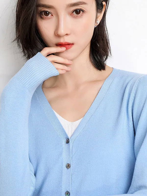 Stylish Simple 12 Colors V-Neck Single-Breasted Long Sleeve Knitwear