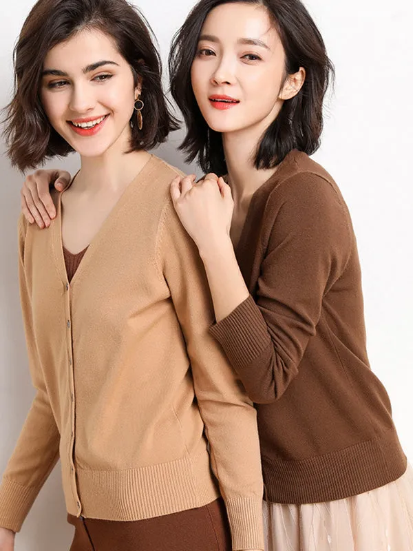 Stylish Simple 12 Colors V-Neck Single-Breasted Long Sleeve Knitwear