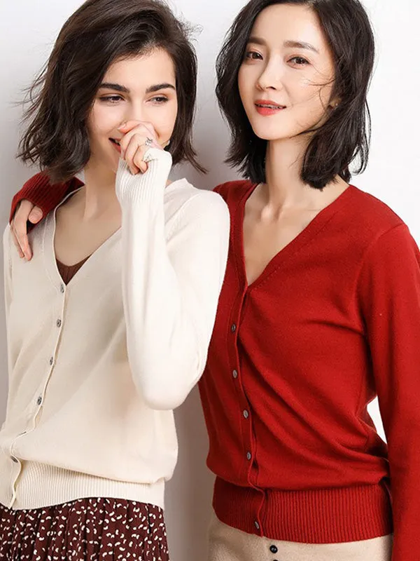 Stylish Simple 12 Colors V-Neck Single-Breasted Long Sleeve Knitwear