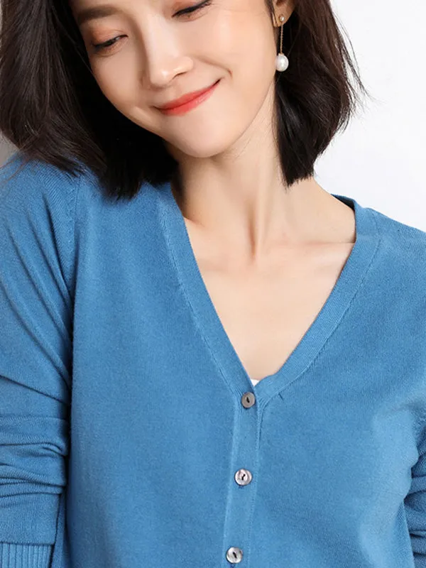 Stylish Simple 12 Colors V-Neck Single-Breasted Long Sleeve Knitwear