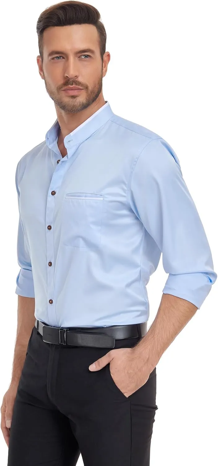 SWISSWELL Mandarin Collar Dress Shirt for Men Clergy Shirt Collarless Button Down Business Casual Shirts