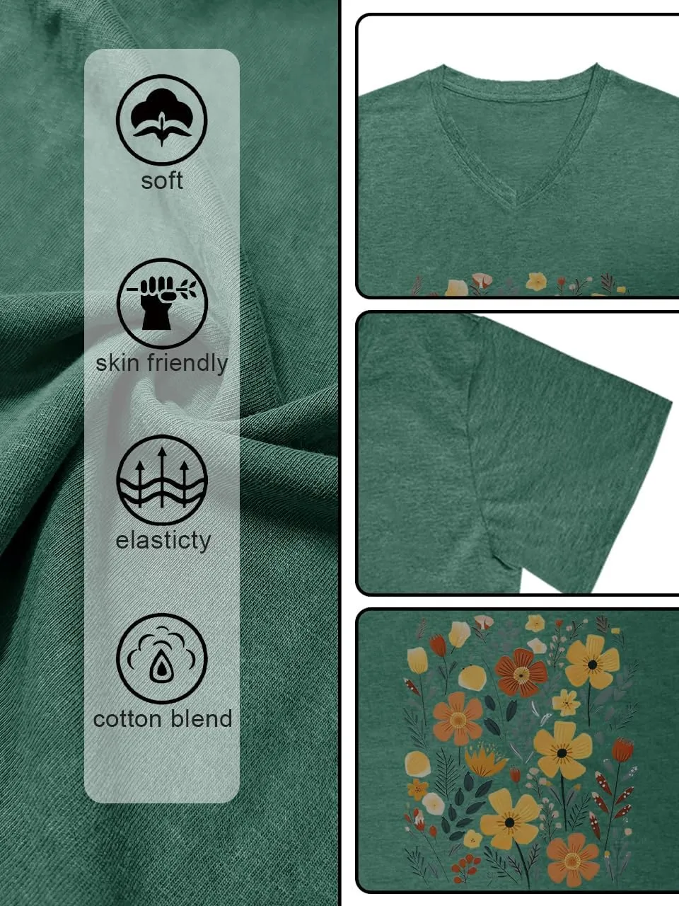 V Neck T Shirts for Women Cute Flower Graphic Tees Summer Tops Floral Print T Shirts Vintage Wildflower Tees