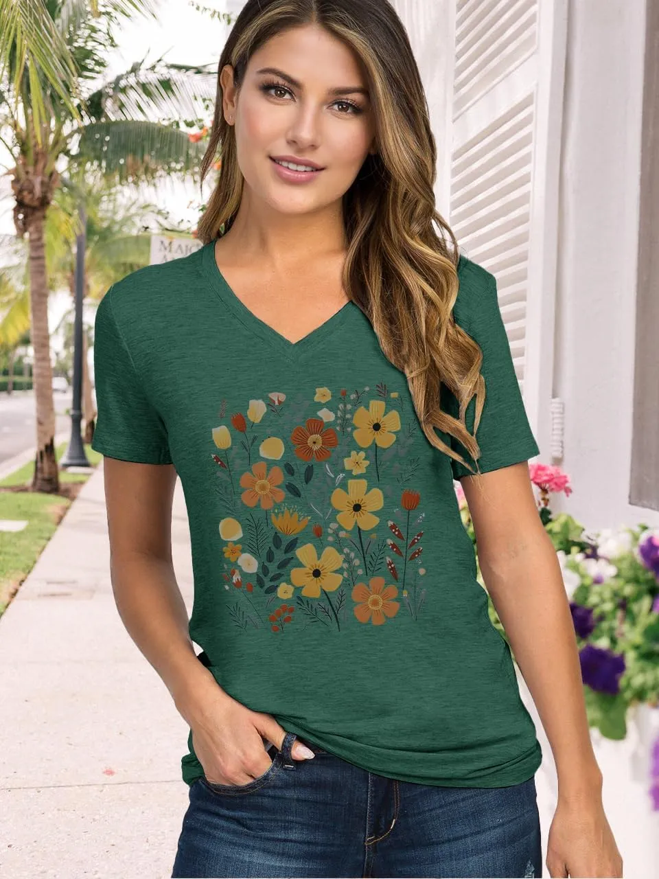 V Neck T Shirts for Women Cute Flower Graphic Tees Summer Tops Floral Print T Shirts Vintage Wildflower Tees