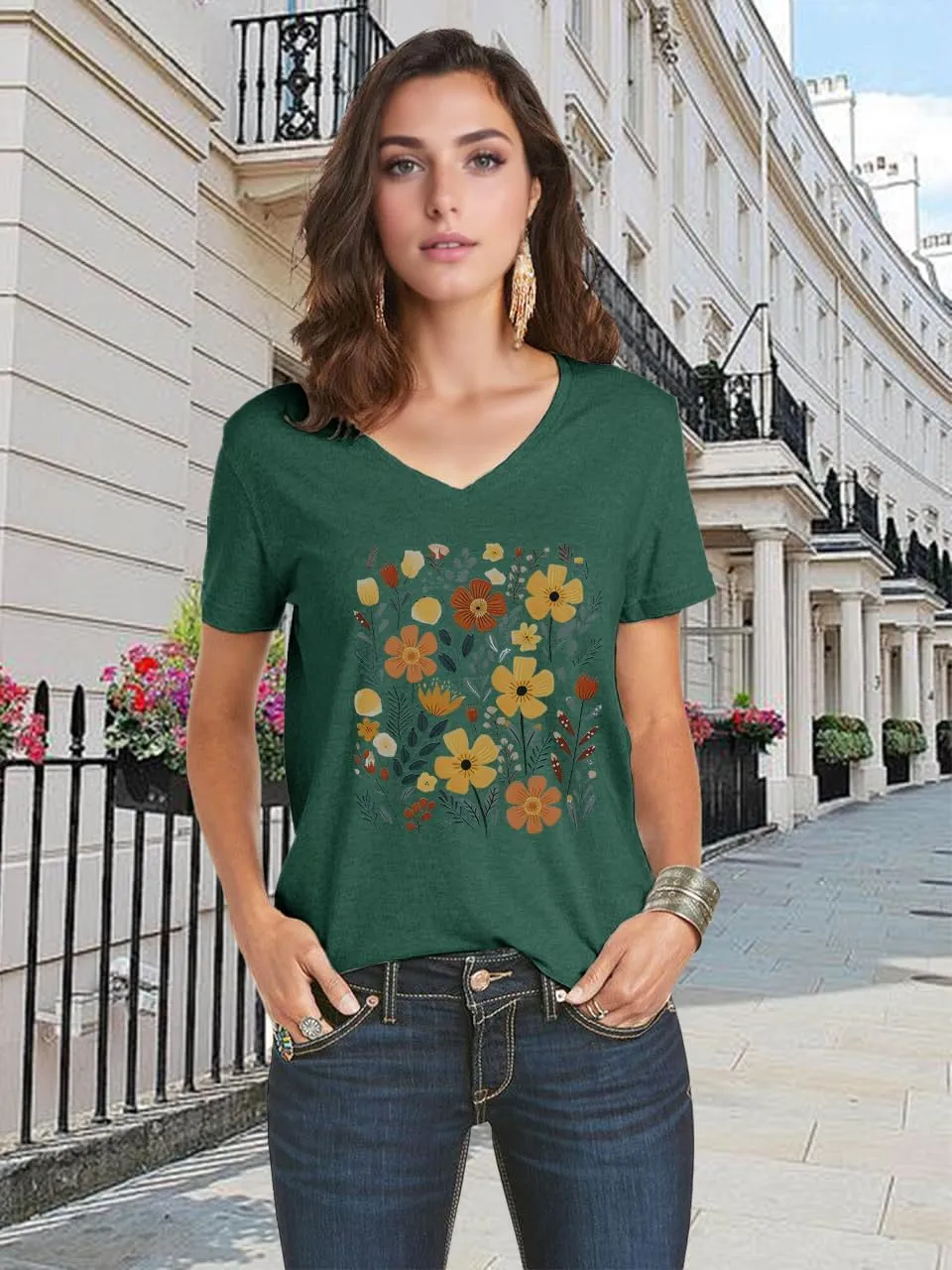 V Neck T Shirts for Women Cute Flower Graphic Tees Summer Tops Floral Print T Shirts Vintage Wildflower Tees