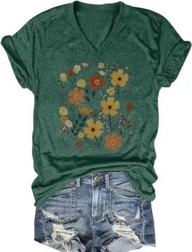V Neck T Shirts for Women Cute Flower Graphic Tees Summer Tops Floral Print T Shirts Vintage Wildflower Tees