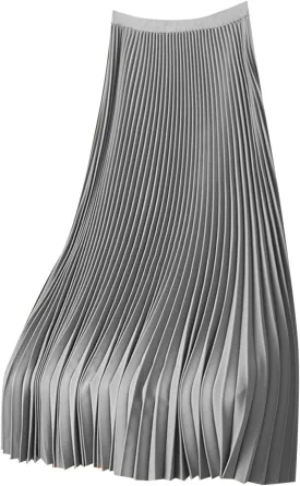 Women Satin Pleated Maxi Skirt Flowy Swing Elastic High Waist Long Flare Casual Shiny Metallic Comfort Wear