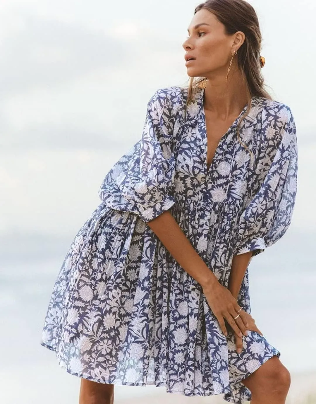 Women Summer Bohemian Floral Shirt Dress Cover Up Beach Dress Half Sleeve Mini Dress