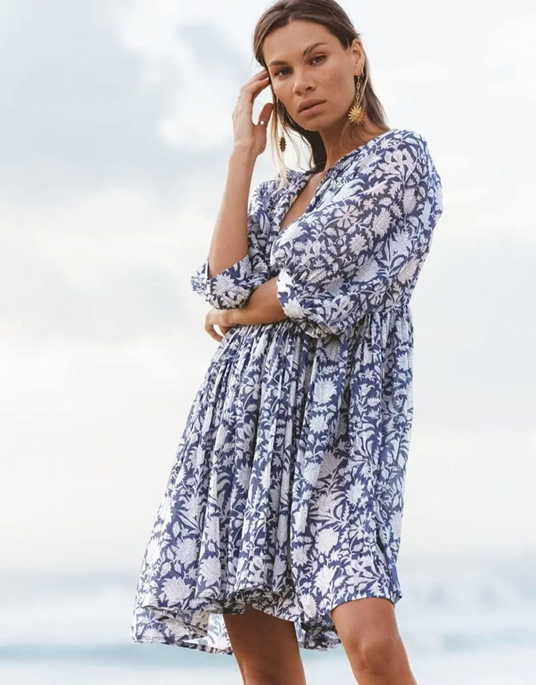 Women Summer Bohemian Floral Shirt Dress Cover Up Beach Dress Half Sleeve Mini Dress
