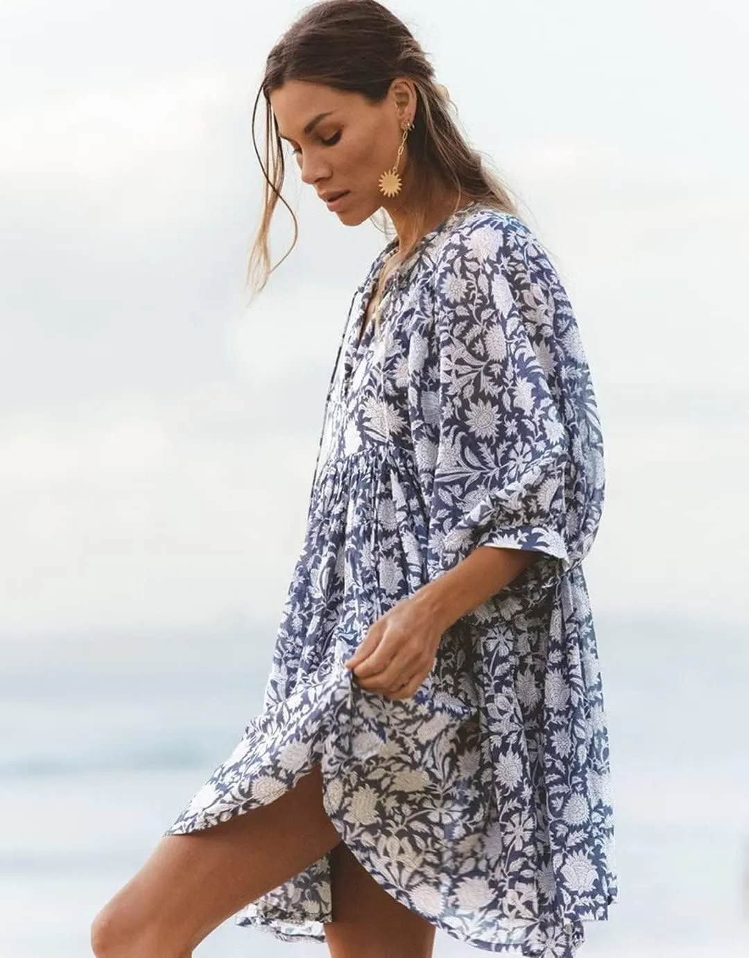 Women Summer Bohemian Floral Shirt Dress Cover Up Beach Dress Half Sleeve Mini Dress