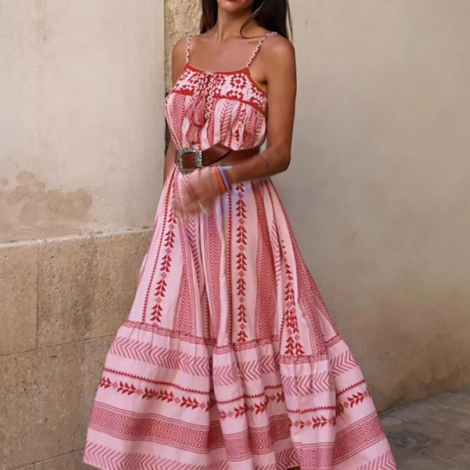 Women Summer Striped Maxi Dresses Spaghetti Strap Cutout Ruffle Long Dress Flowy Swing Beach Vocation Sundress