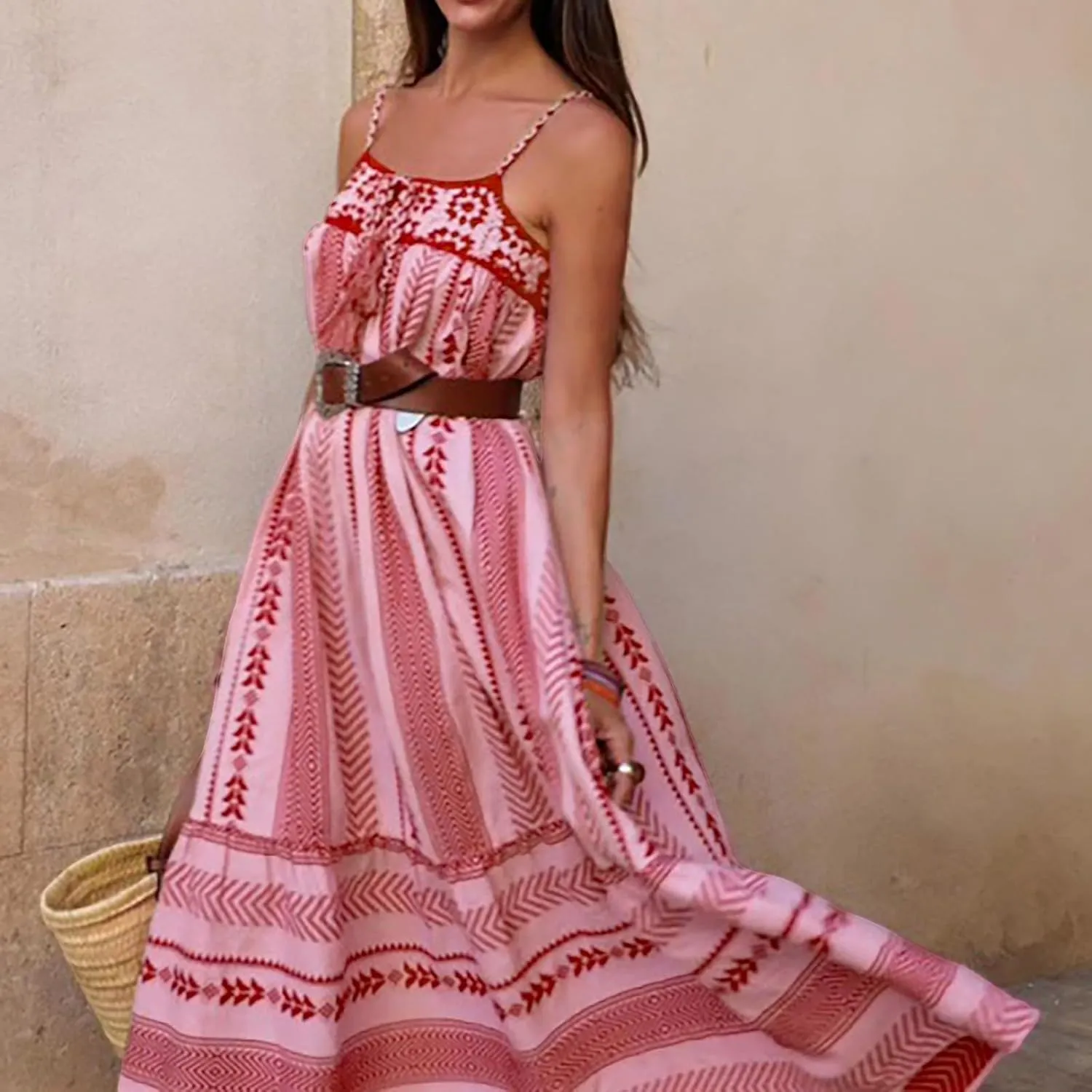 Women Summer Striped Maxi Dresses Spaghetti Strap Cutout Ruffle Long Dress Flowy Swing Beach Vocation Sundress