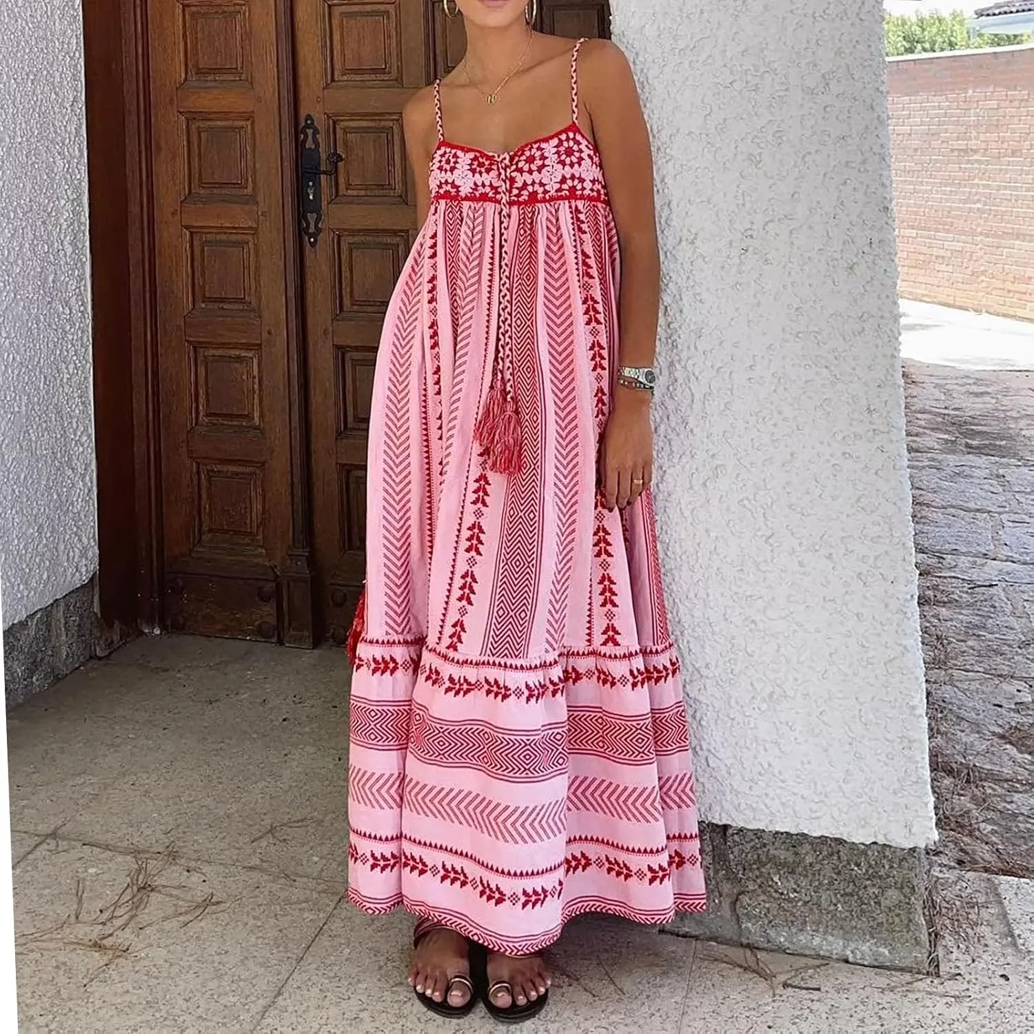 Women Summer Striped Maxi Dresses Spaghetti Strap Cutout Ruffle Long Dress Flowy Swing Beach Vocation Sundress
