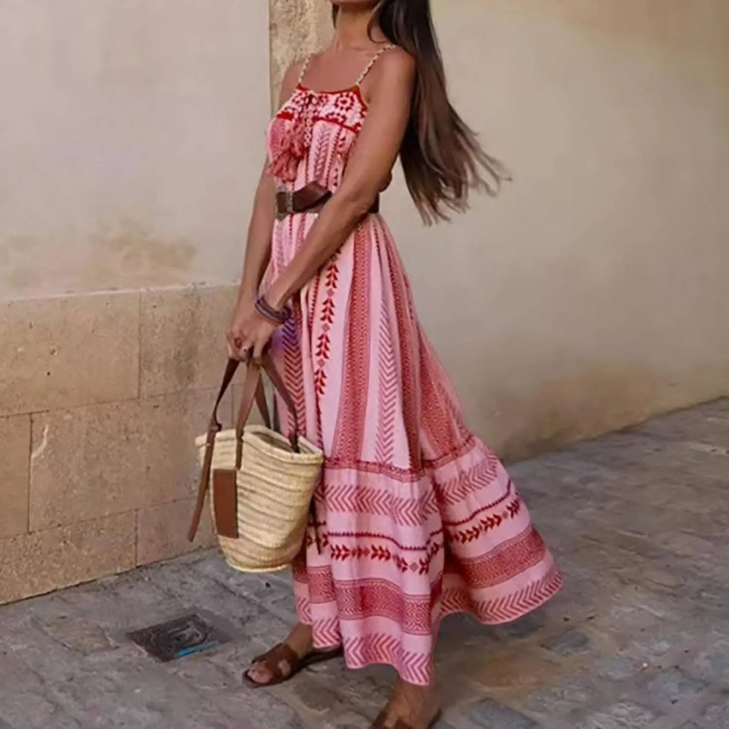 Women Summer Striped Maxi Dresses Spaghetti Strap Cutout Ruffle Long Dress Flowy Swing Beach Vocation Sundress