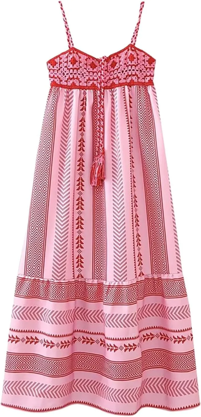 Women Summer Striped Maxi Dresses Spaghetti Strap Cutout Ruffle Long Dress Flowy Swing Beach Vocation Sundress